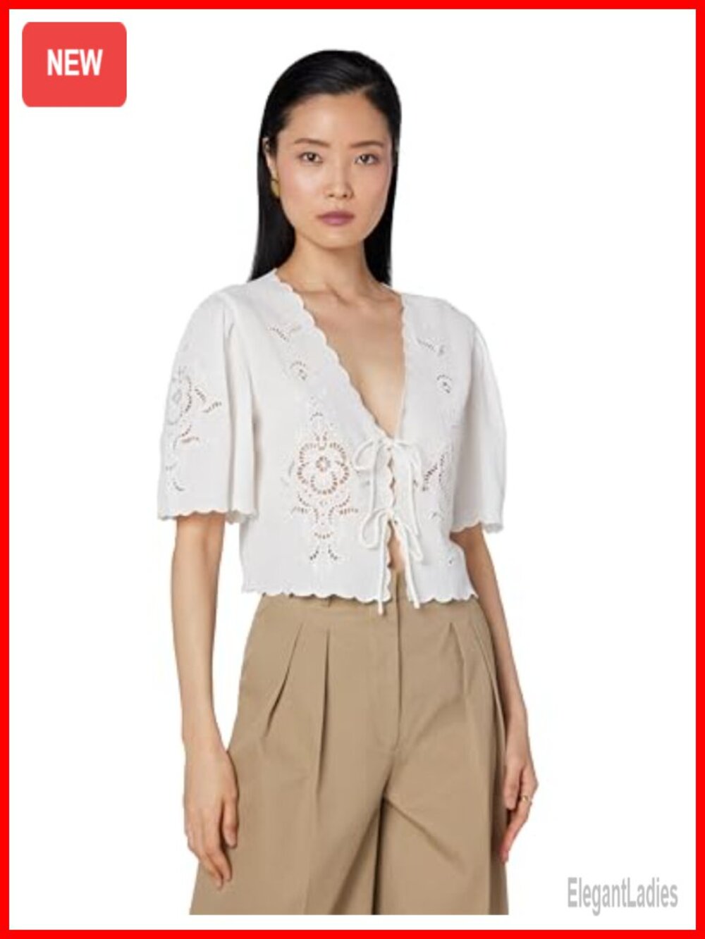 Women's Lace-Up V-Neck Peasant Top Loose Fit Floral Openwork Blouse